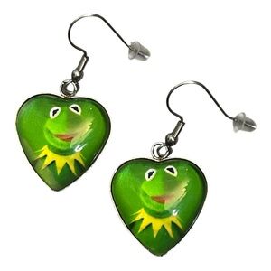 The Muppets Kermit The Frog Green Glass Heart Shaped Earrings